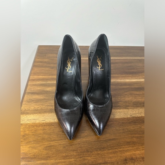 Yves Saint Laurent Rive Gauche Wood Heal Pumps 37 1/2 GUC - Picture 2 of 8